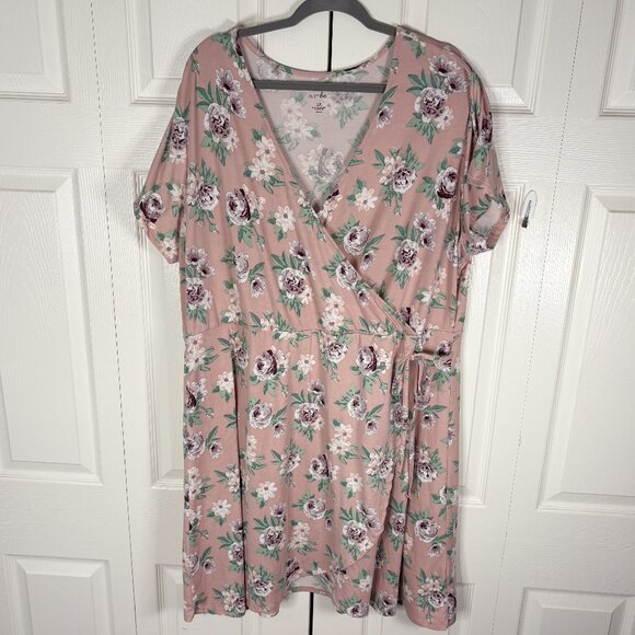 Just Be Floral Wrap Dress Pink Purple Green Short Sleeve 3X Plus Size - Picture 1 of 3